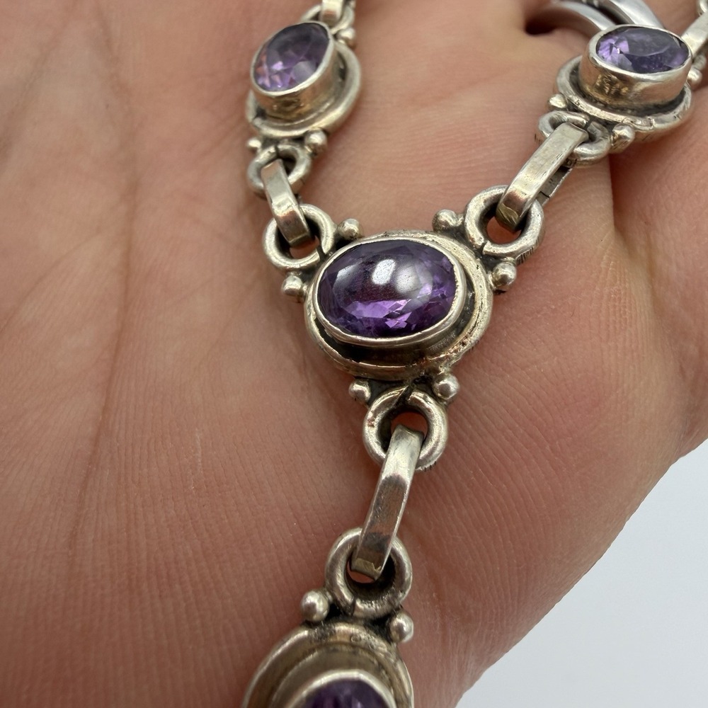 Vintage Sterling Silver Amethyst Y Drop Necklace‎ Lavaliere Hand Made Beautiful